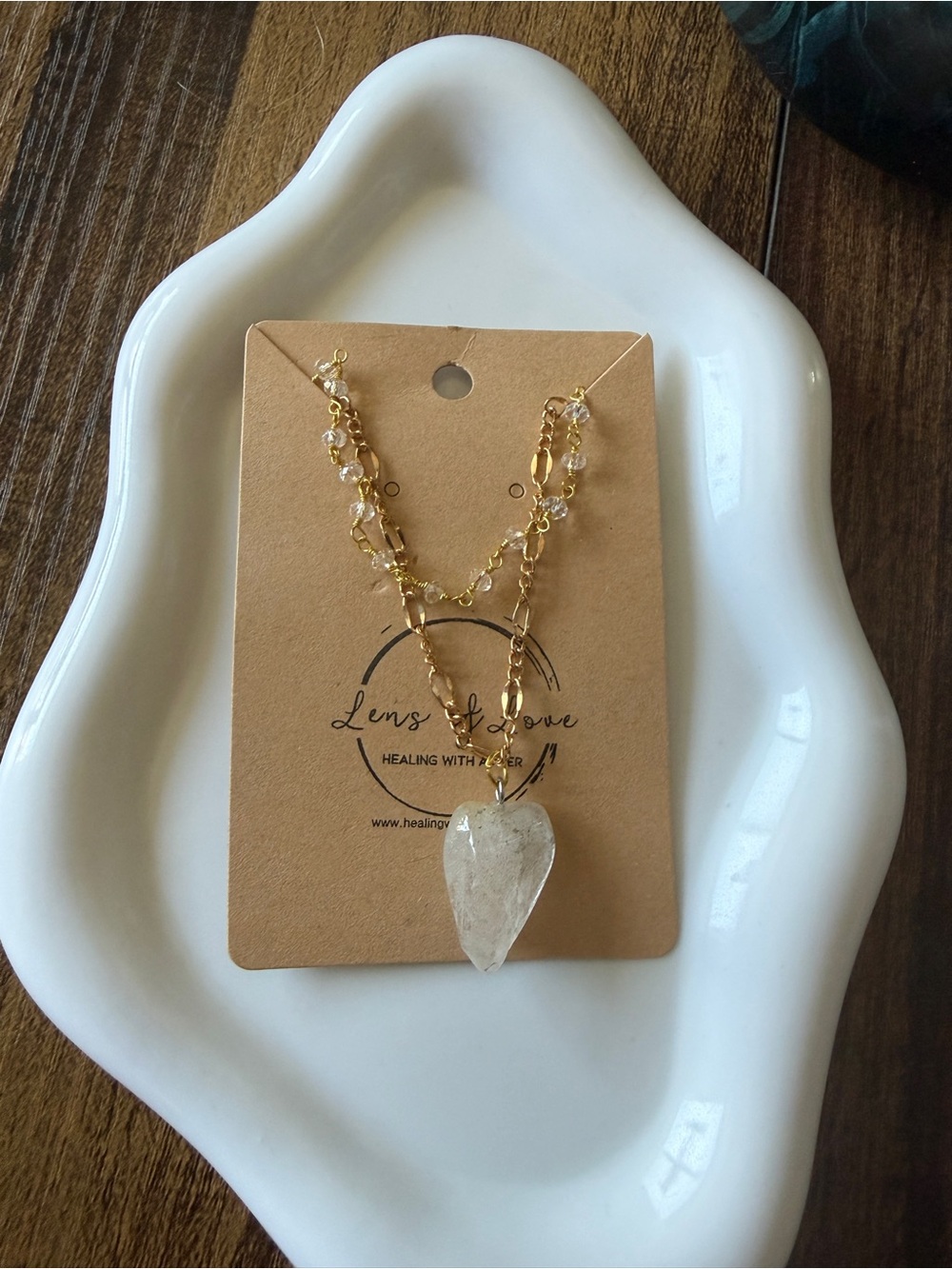 Gold Beaded Milky Quartz Pendant Necklace - Clear Heart